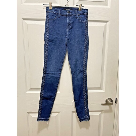 J Brand Jeans Super Skinny Mid Rise Braided Size 24 Frayed Hem Denim Blue - Picture 1 of 11